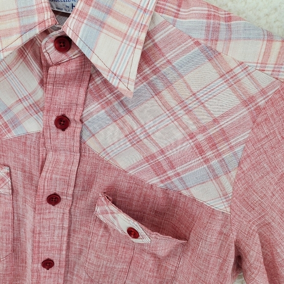 Vtg 60s Shirt Men S 14 14.5 Button Up SS Solid Plaid Western H.I.S. 2 Pocket - Picture 8 of 13